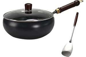 Japanese Cast Iron Wok with Wooden Lid & Spatula, Uncoated Thick Iron Pot, Hand Hammered Non Stick Frying Pans, for Induction