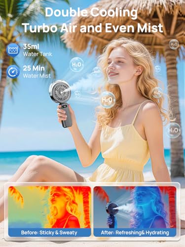 HandHeld Misting Fan Portable - High Speed Hand Held USB Rechargeable Fans with Mist & LED Display, 6000mAh Battery Operated Personal Small Mini Foldable Desk Desktop Fan for Travel Outdoor (Black)