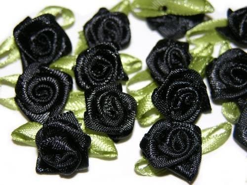 100 Pcs Rose Flower Ribbon Satin Appliques Trim Lot Decorative Craft Sewing Supplies Craft DIY Wedding Satin Black 15 x 20mm (5/8" x 7/8")