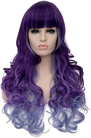 Alacos Fashion Purple Ombre Light Blue Long Brow-Skimming Bangs Colorful Daily Cosplay Wigs for Women Plus Free Wig Cap