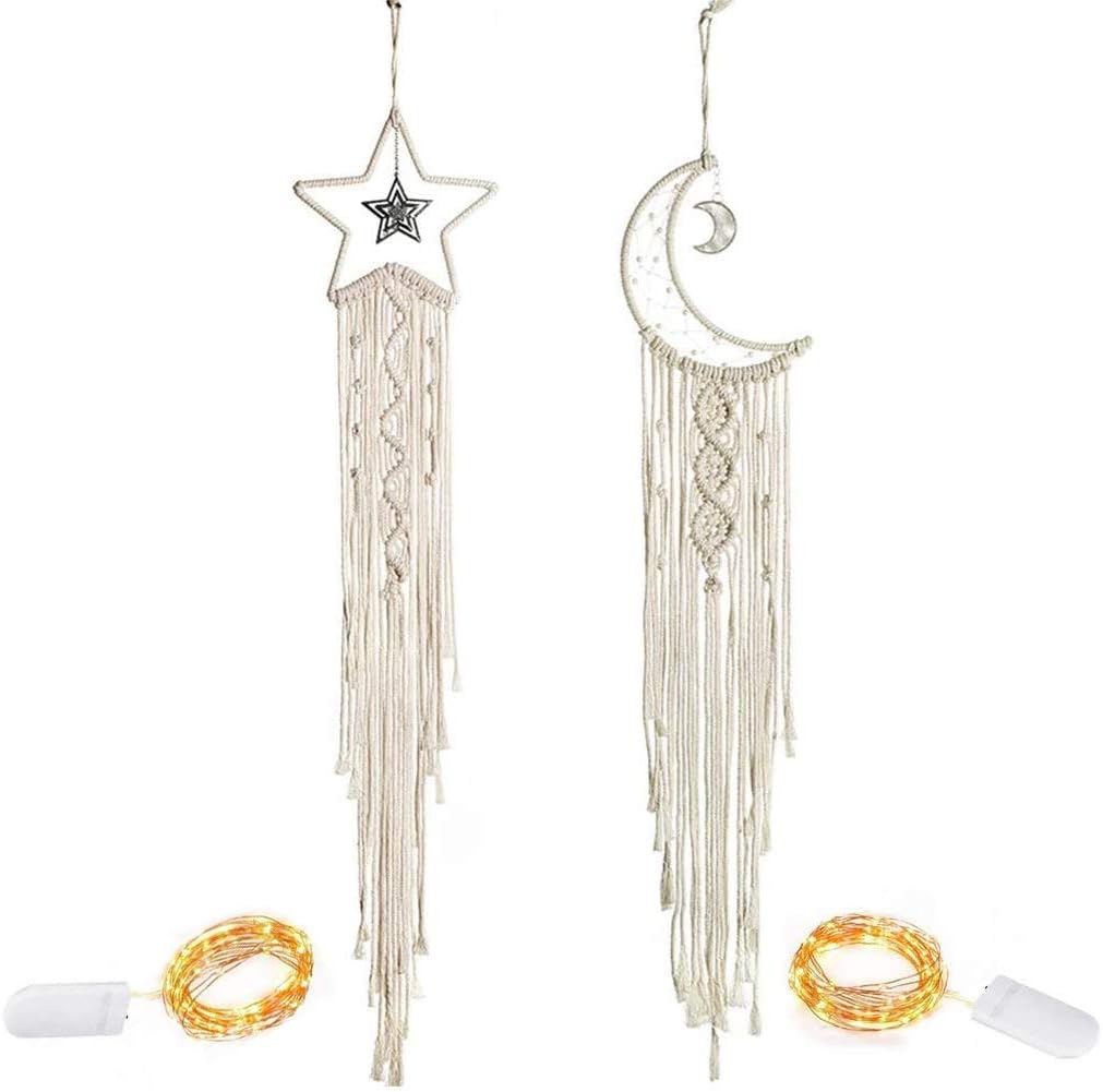 YUESUO 2PCS Macrame Wall Decor Star Moon Dream Catcher with Lights Boho Wall Hanging Handmade Woven Tapestry Decor for Kids Room Bedroom Nursery Apartrment Wedding Ornament Craft Gift
