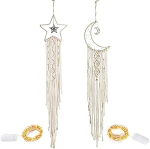 YUESUO 2PCS Macrame Wall Decor Star Moon Dream Catcher with Lights Boho Wall Hanging Handmade Woven Tapestry Decor for Kids Room Bedroom Nursery Apartrment Wedding Ornament Craft Gift