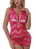 FasiCat Women's Mesh Lingerie for Women Fishnet Babydoll Mini Dress Free Size Bodysuit Hotpink Style 7