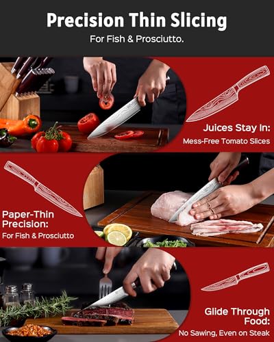 PAUDIN 14 piezas Conjunto de cuchillo de cocina con bloque, conjunto de cuchillo de cocinero afilado de acero inoxidable alemán de alto carbono con mango ergonómico Pakkawood