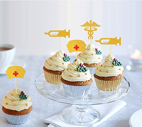 Nursing Graduation Cupcake Toppers Gold Glitter Cake Toppers Food Picks for Nurse Graduation Medical Rn Themed Nursing Grad Party Decorations by Ucity - Thumbnail 4