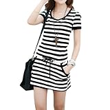 Allegra K Women Short Sleeve Stripe Drawstring Mini Tee Dresses with Pockets