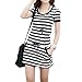 Allegra K Women Short Sleeve Stripe Drawstring Mini Tee Dresses with Pockets