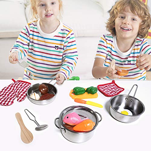 Toyssa Kitchen Pretend Play Accessories Toys with Stainless Steel Cookware Pots and Pans, Cooking Utensils, Cutting Play Food Set Learning Gifts for Kids Boys Girls - Thumbnail 4
