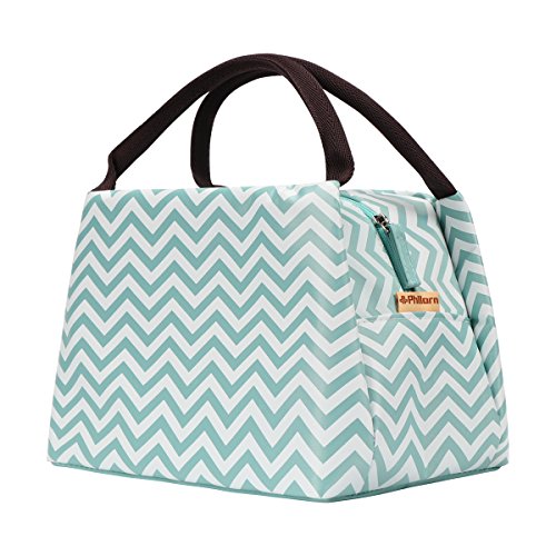 Philorn Reusable Insulated Lunch Bag Sturdy Oxford Box Tote with Zipper for Men, Women, Adult, Kid, School and Work (Light Blue with Waves)