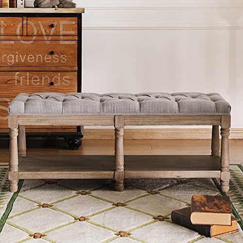 Janoray Farmhouse Storage Bench Wooden Entryway Upholstered Tufted