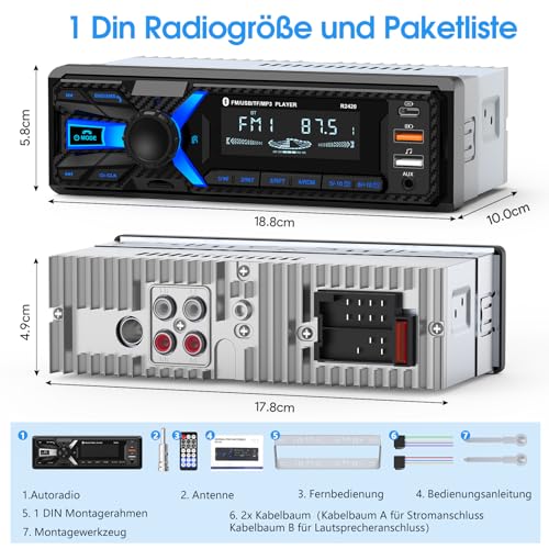 RDS Car Radio Bluetooth with Type-C Charging Port, CENXINY Car Radio 1DIN Bluetooth 5.0 Supports 2USB/AUX/SD/TF/EQ/DSP/Android and iOS