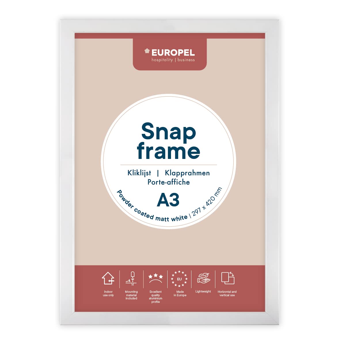 EUROPEL lightweight Snap frame A3, matt white powder-coated finish, Profile 25x11 mm, Anodized aluminum, anti-reflective protector, External dimensions 328x451 mm, Grey polystyrene back