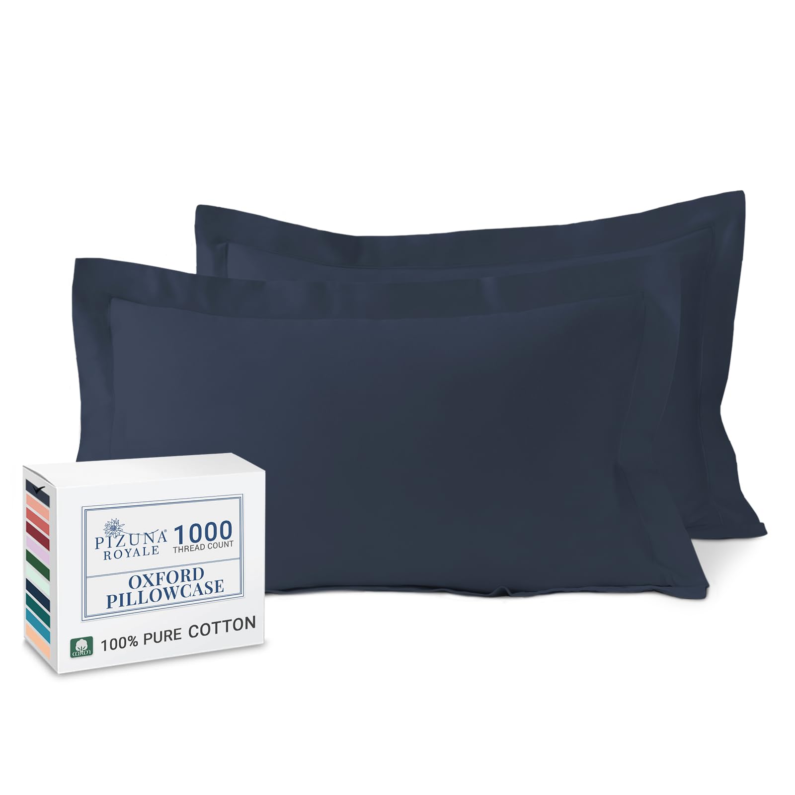 Pizuna Luxurious Cotton Pillow Cases 2 Pack Dark Blue 50x75cm, 1000 Thread Count Long Staple Combed Cotton Thick Pillow Cover, Soft Sateen Oxford Pillow Cases (100% Cotton Pillowcase Pack of 2)