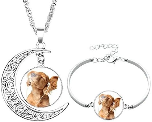 Socutee Ideal Gifts Girls, Women Cute Dog Bulldog Golden Retriever Labrador Times Gem Moon Crescent Necklace Bracelet Set