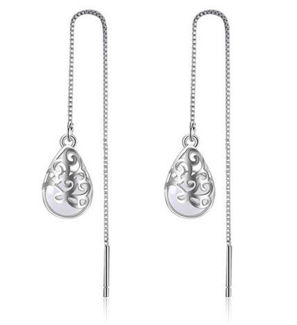 Boowhol 925 Sterling Silver Retro Hollow White Opal Long Earrings for Women Girls