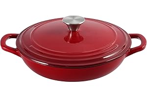 Flavehc Braiser Enameled Cast Iron Braiser 3 qt Braiser Pan with Lid Red Shallow Cast Iron Casserole Braiser Pan with Handels