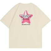 Aelfric Eden Women Oversized Letter Graphic Tees Pink Star Print Tee Graphic Crew Neck Cotton Short Sleeve Y2k Tops
