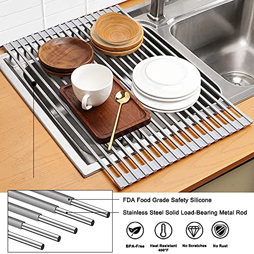 Aquach Rolling Dish Rack Over Sink Large Metal Steel Square Rods Heavy