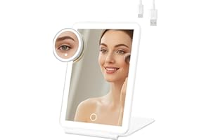 Rechargeable Makeup Mirror with Light - Portable LED Vanity Mirror with 3 Color Modes & Touch Dimming, 10X Magnifying Desk Mi