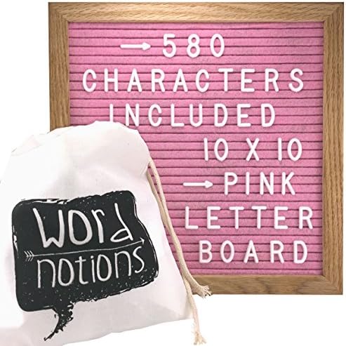 PINK Felt Letter Sign | 580 Changeable Letters and Characters | Drawstring Canvas Pouch | 10" x 10" Oak Wood Frame (Pink Felt)