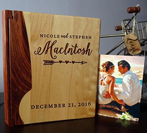 LoveToCreateStamps Personalized Wood Cover Photo Album, Custom Engraved Wedding Album, Style 101 (Maple & Rosewood Cover)