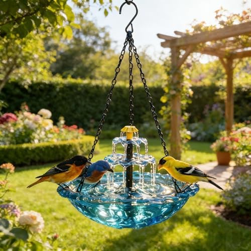 Solar Cascade Hanging Bird Bath Fountain - 9 Water Outlets for Soothing Stream Sound - Solar Powered Birdbath with 12" Large Bowl for Outdoor Garden Yard Decor & Hummingbird Attraction (Blue)