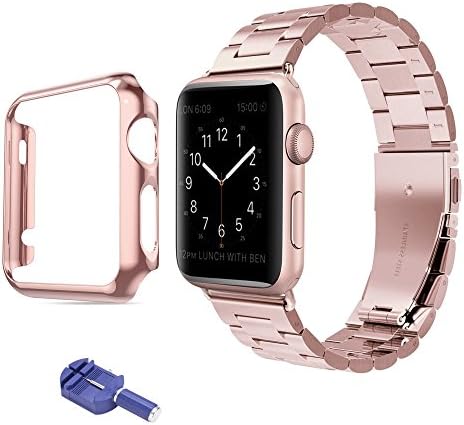 Wandele Classic Iwatch Band 42mm with Super Thin Clear CASE,Premium Stainless Steel iwatch Wrist strap Replacement with Connector Adaptor and Adjuster for apple watch Series 1 (42mm rosegold+case)