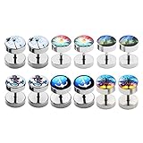 PiercingJ 12pcs 16G Stainless Steel Stud Barbell Earrings Fake Cheater Illusion Plug Gauge 0G Look