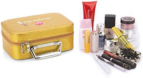 Golden Cosmetic Case, Yeiotsy Bling Series Makeup Bag with Mirror Glitter Travel Train Case Sparkle Shockproof Cosmetic Case (Small, Gold)
