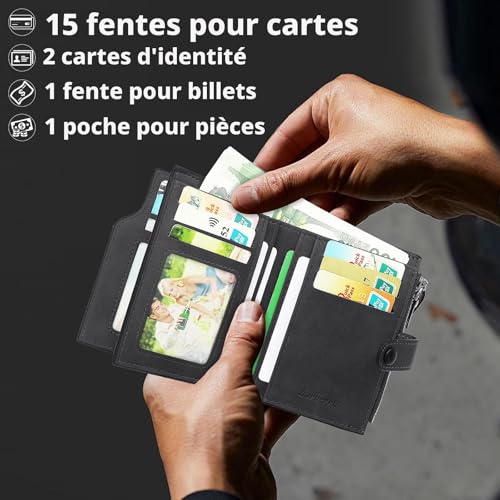 HNOOM Men's RFID Blocking Wallet PU Leather Wallet with 17 Card Holders, Vertical Wallet for Men with Zipped Coin Purse (Black)