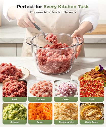 QUVIF Food Processor Electric Food Chopper Meat Grinder & Vegetable Chopper with Magnetic Easy-Clean Spindle & Serrated Blades, Power Copper Motor, for Meat/Vegetables/Fruits/Ice Cubes (Pure White)