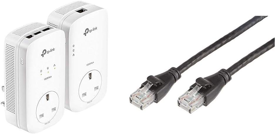 TP-Link TL-PA8033PKIT AV1300 3-Port Gigabit Passthrough 2x2 MIMO Powerline Adapter Starter Kit, WiFi Extender/Booster & Amazon Basics RJ45 CAT6 Ethernet LAN Patch Cable (1.5 m / 5 Feet) - 5 pack