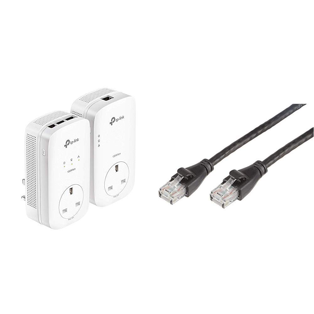 TP-Link TL-PA8033PKIT AV1300 3-Port Gigabit Passthrough 2x2 MIMO Powerline Adapter Starter Kit, UK Plug & Amazon Basics RJ45 CAT6 Ethernet LAN Patch Cable (1.5m/5 Feet) [1,000 Mbps (1 Gbps)] - 5 pack