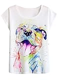 Futurino Women's Summer Colourful Ink Pit Bull Dog Print Loose Sleeve T-Shirt (L, Smiling Pit Dog)