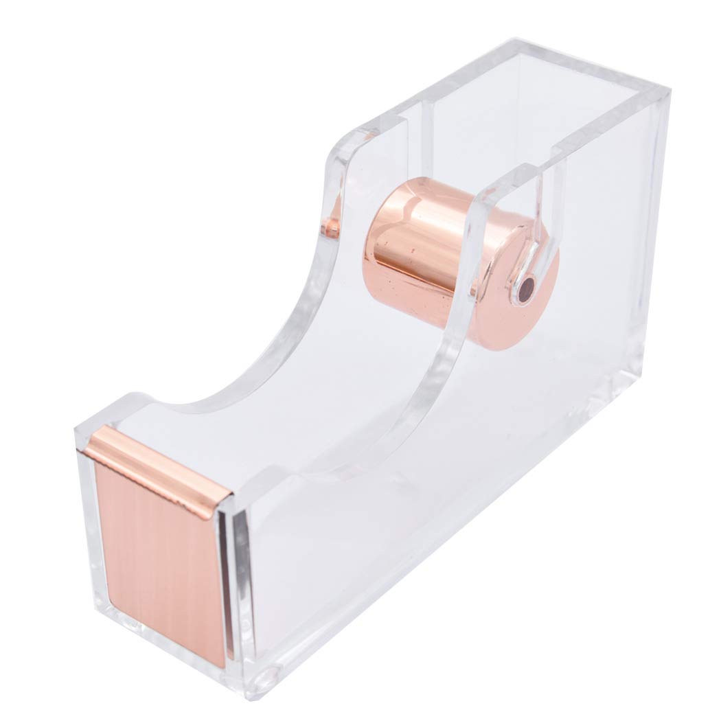 SIPLIV Clear Acrylic Tape Dispenser Single Hand Dispensing Tape Seat Tape Holder, Tape Dispenser for Modern Design Office Desktop, Rose Gold
