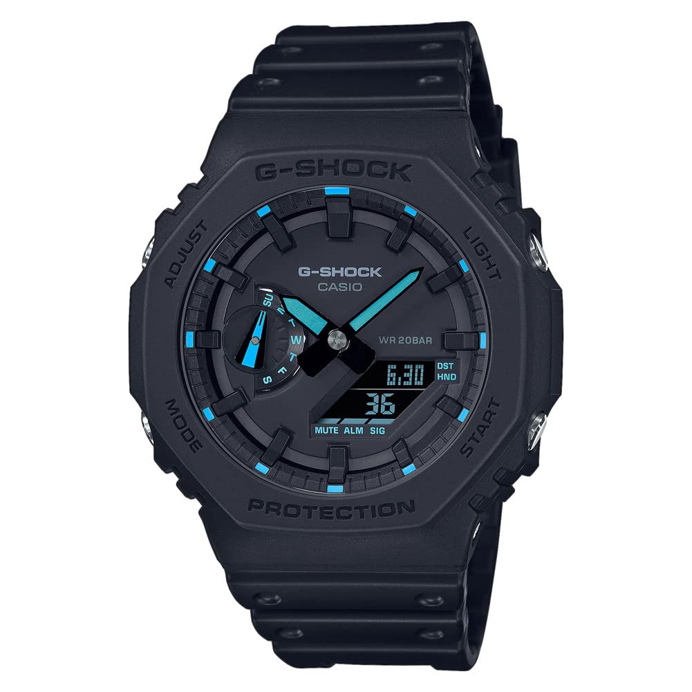 Casio G-Shock Quartz Watch with Analogue Digital Display, Blue Resin Case, Plastic Strap, 200 Metres Waterproof Rating, Long Battery Life, Model GA-2100-1A2ER