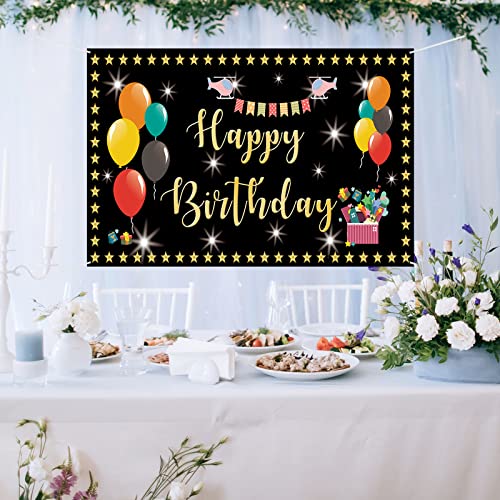 Mokonate Happy Birthday Backdrop Banner Decorations for Kids 6x3.3ft Black and Gold Balloons Star Flag Happy Birthday to You Sign Poster Photo Backdrop Backgroud Children Boys Girls Party Decor