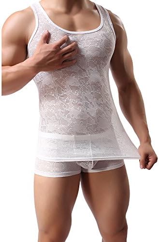 Men's Slimming Body Shaper Lace Mesh Compression Vest Mesh See-Through Tank Top Vest Lace Vest Mesh Tank Tops Summer Casual Racerback Tops Sleepwear