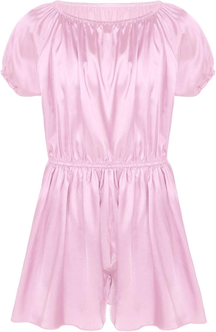 Mens One Piece Shiny Soft Sissy Frilly Ruffled Satin Jumpsuit Crossdress Nightwear Pajamas