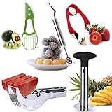 Lasten Fruit Slicer set of 5, Stainless Fruit Peeler Set - Pineapple Corer, Watermelon Slicer,Banana Cutter, Carving Knife&Melon Baller Scoop and Strawberry Huller - Kitchen Cutter Gadgets Kit