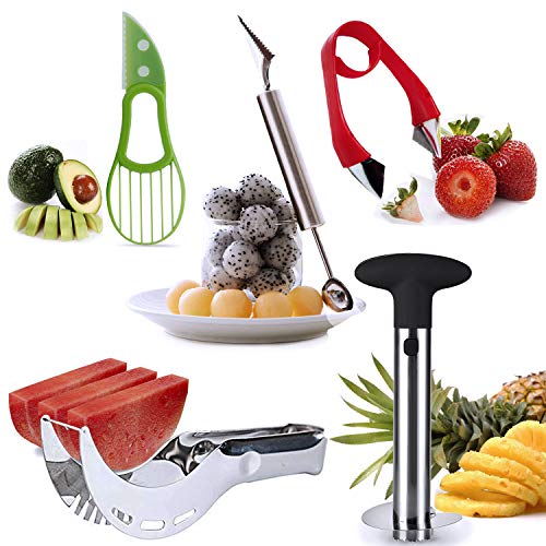 Lasten Fruit Slicer set of 5, Stainless Fruit Peeler Set - Pineapple Corer, Watermelon Slicer,Avocado Slicer, Carving Knife&Melon Baller Scoop and Strawberry Huller - Kitchen Cutter Gadgets Kit