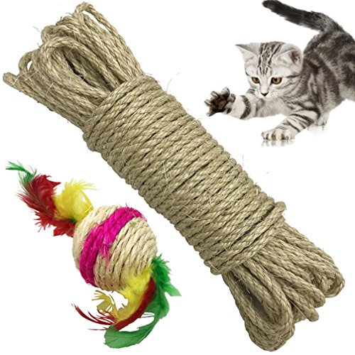 Yangbaga Cat Natural Sisal Rope for Scratching Post Tree Replacement, Hemp Rope for Repairing, Recovering or DIY Scratcher, 6mm Diameter, Come with a Sisal Ball 33 FT