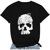 Skull Shirts for Women Gothic Skeleton Print Vintage Graphic Casual Cotton Tops Funny Workout Athletic Shirts