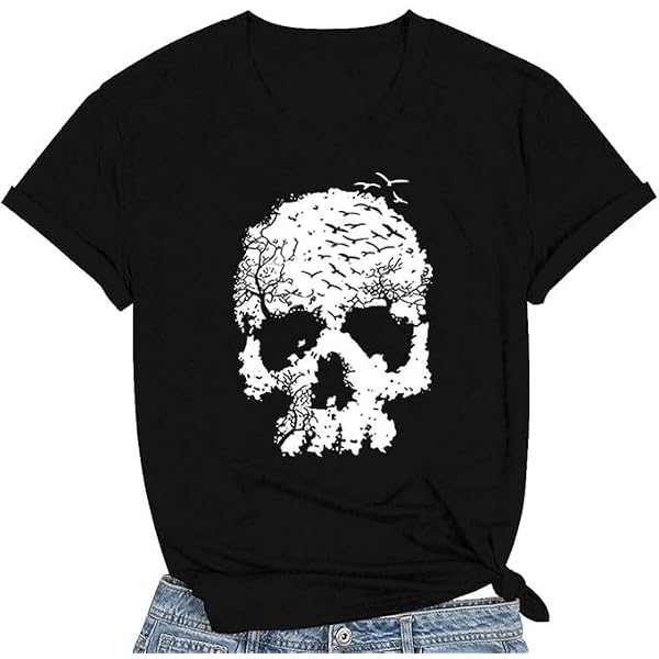 Skull Shirts For Women - Funny Gothic Graphic T-Shirts Novelty Horror Casual Tops