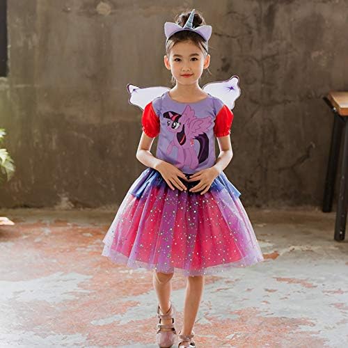 Girl Rainbow Princess Dress My Girl Little Pony Party Dress Cosplay Costume + Pony's Wig +Wing Girl Clothes Set 3pcs 2T