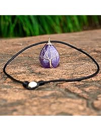 POTESSA Collar con colgante de árbol de la vida, lágrima, corazón, amatista, ópalo, alambre de cobre, envuelto en gema, gargantilla de chakra curativa, 18.0 in, sin metal, PN78-Black
