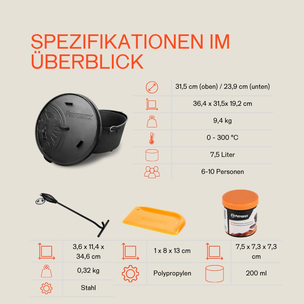 Petromax Feuertopf ft9-t Einsteiger-Set - Dutch Oven mit planen Boden inklusive Deckelheber, Pflegepaste und Schaber - für alle Grillarten und offenes Feuer - 7,5 Liter 6