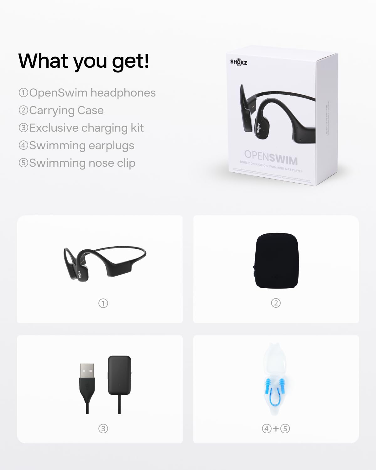 SHOKZ OpenSwim - MP3 Waterproof Headphones for Swimming - Not Bluetooth Compatible - Built-in MP3 Player with Storage for 1200 Songs - Open-Ear Wireless Headphones, with Nose Clip and Earplug (Black)