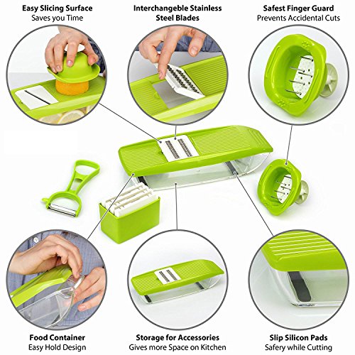 Vegetable Slicer WiHoo Adjustable Mandoline with 5 Thickness Settings Interchangeable Stainless Steel Blades +Vegetable Peeler Slicer+Food Container
