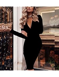 Bai tong vestido de cóctel de manga larga para mujer, sexy, escote en V, elegante, hasta la rodilla